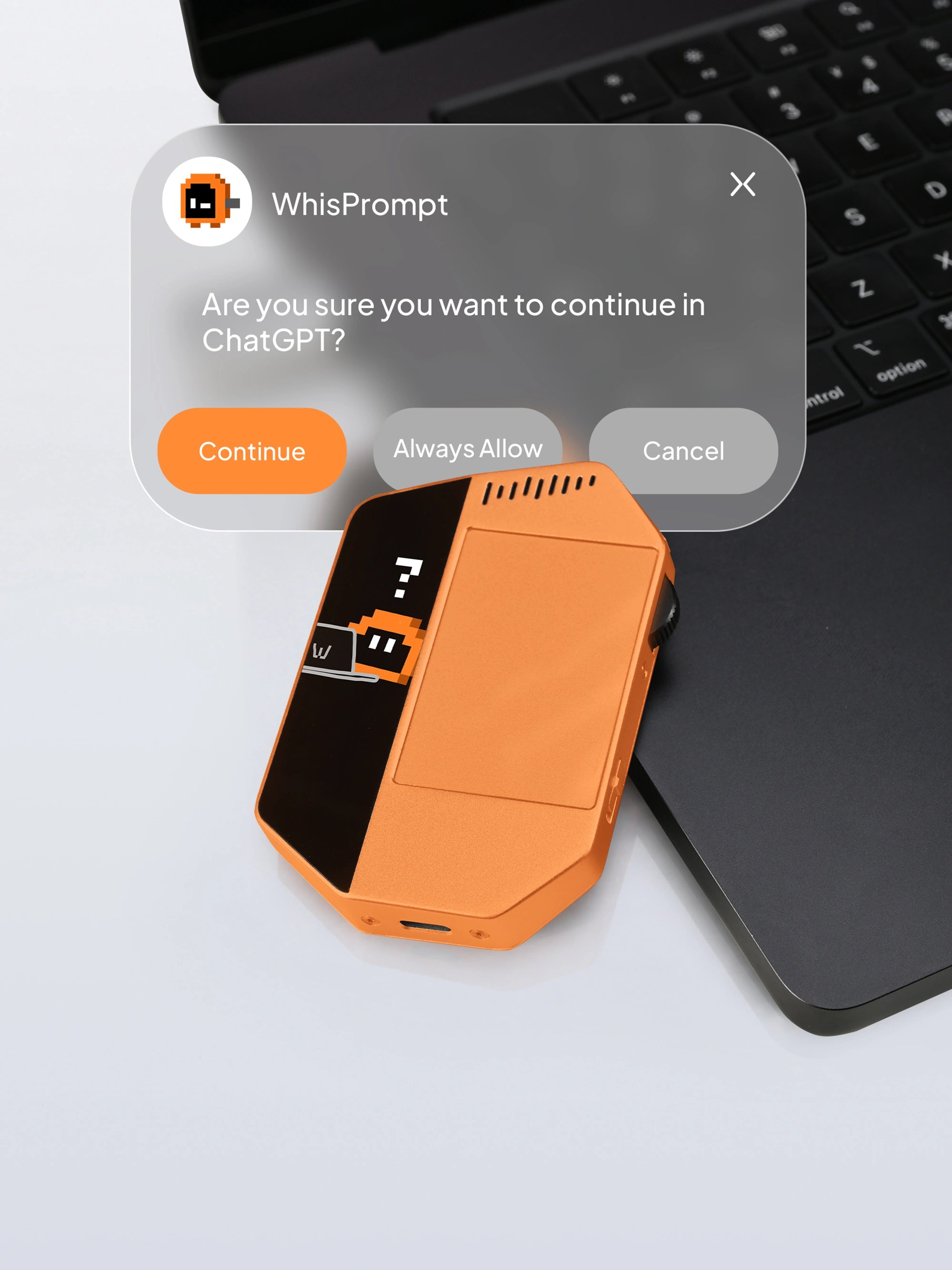 WhisPrompt approval controls beside a laptop